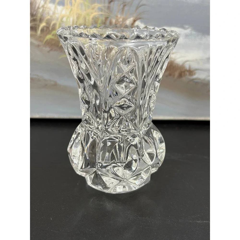 Vintage Miniature Cut Glass Bud Vase Thistle Shape Scalloped Rim 4.5 Inch
